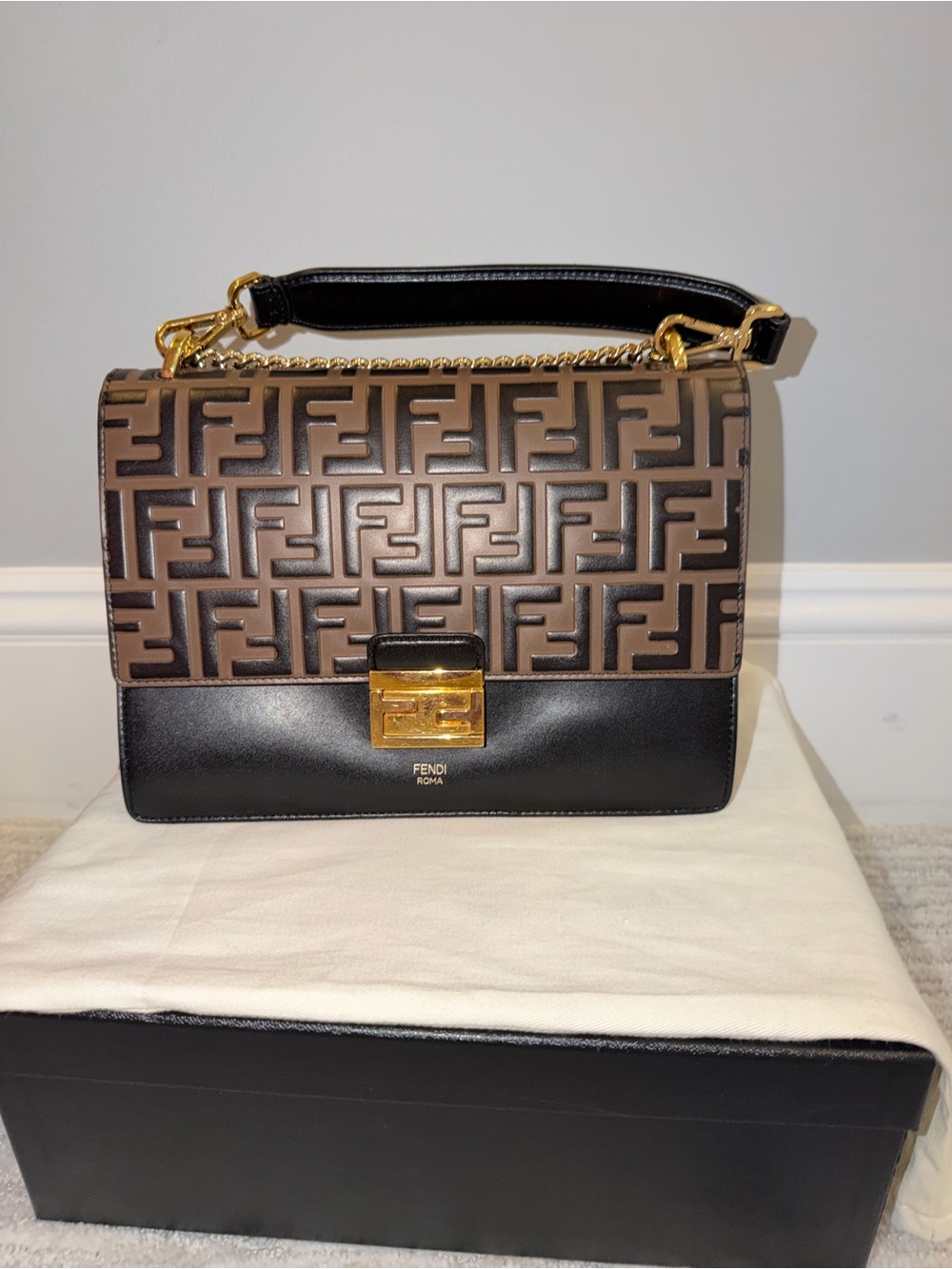 Fendi Brown & Black FF Logo Leather Shoulder Bag